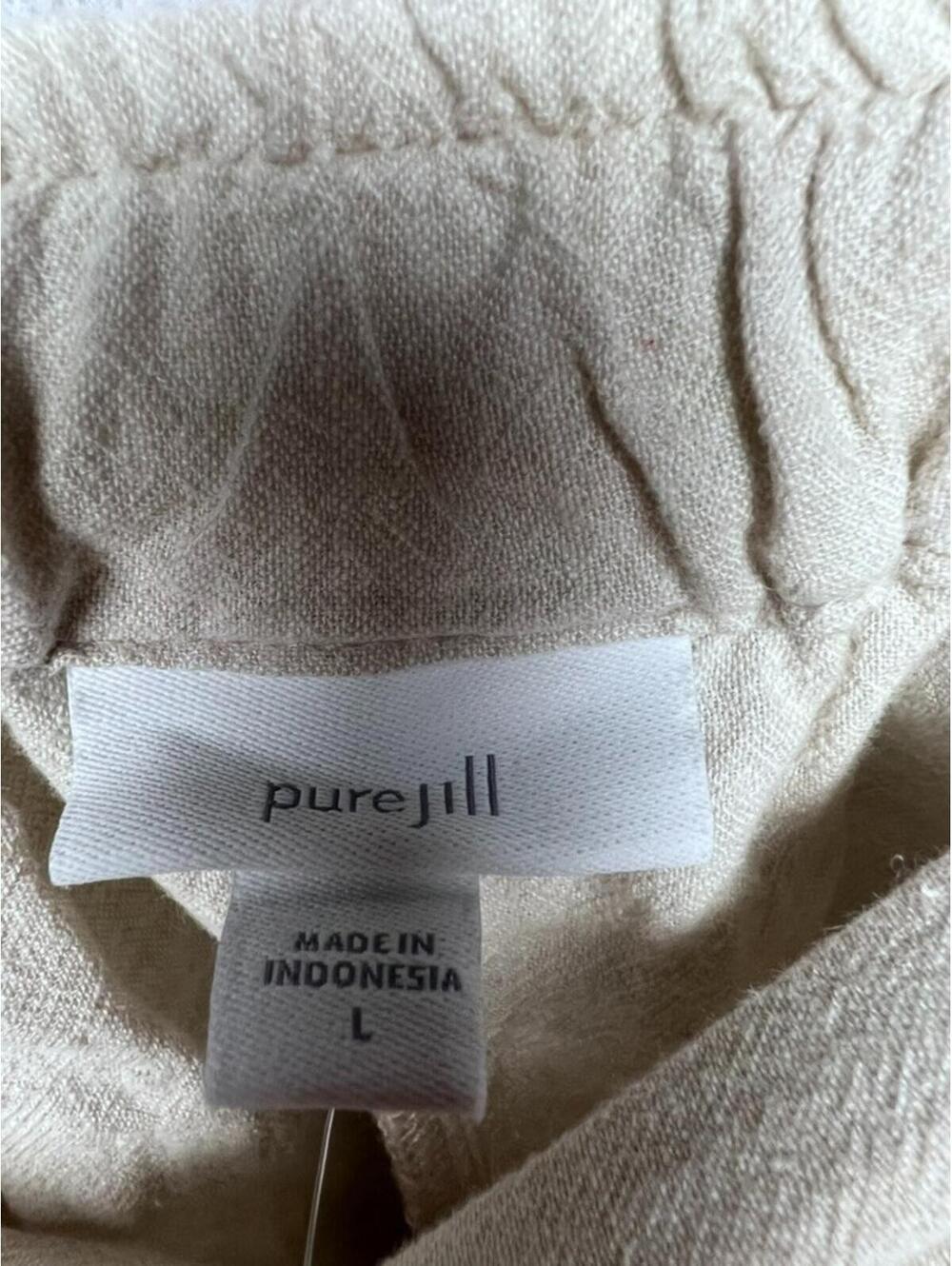 Pure Jill Linen Wide Leg Pants L Beige Striped Border Hem Crop Coastal Boho New - Picture 6 of 11